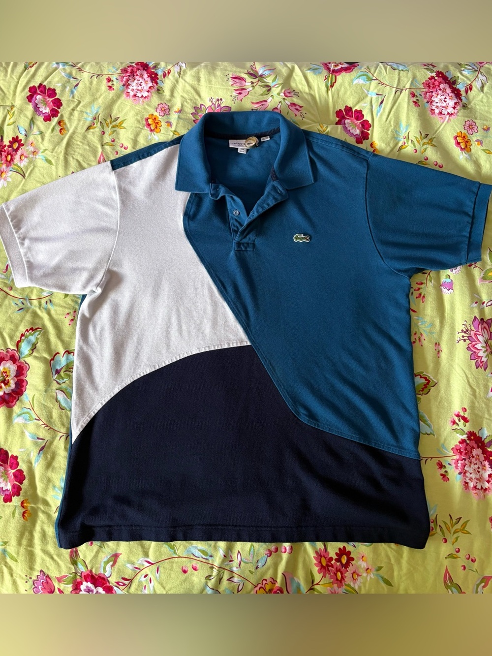 Lacoste thermoregulating colorblock white teal navy pique polo men’s XL 28x22